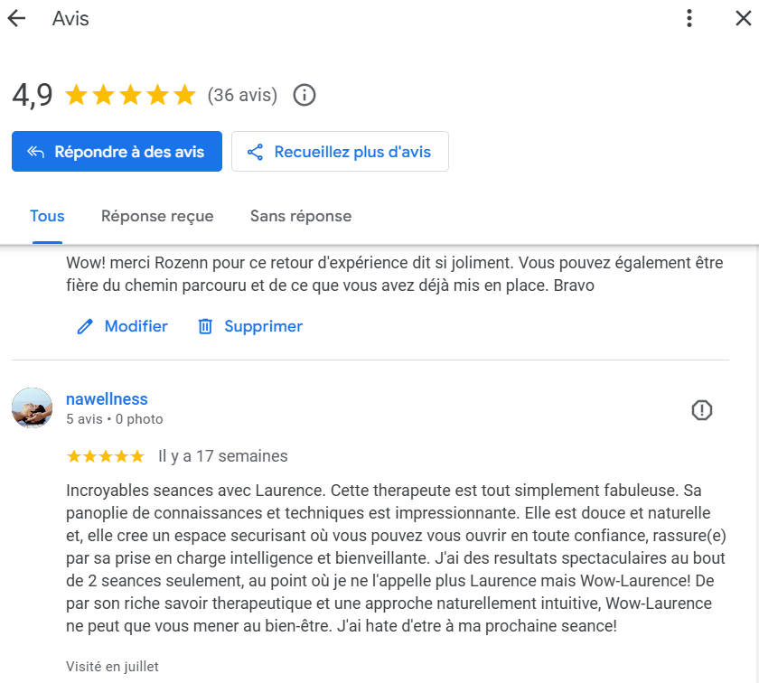 Laurence DERIAN avis Google thérapeute en gestion émotions